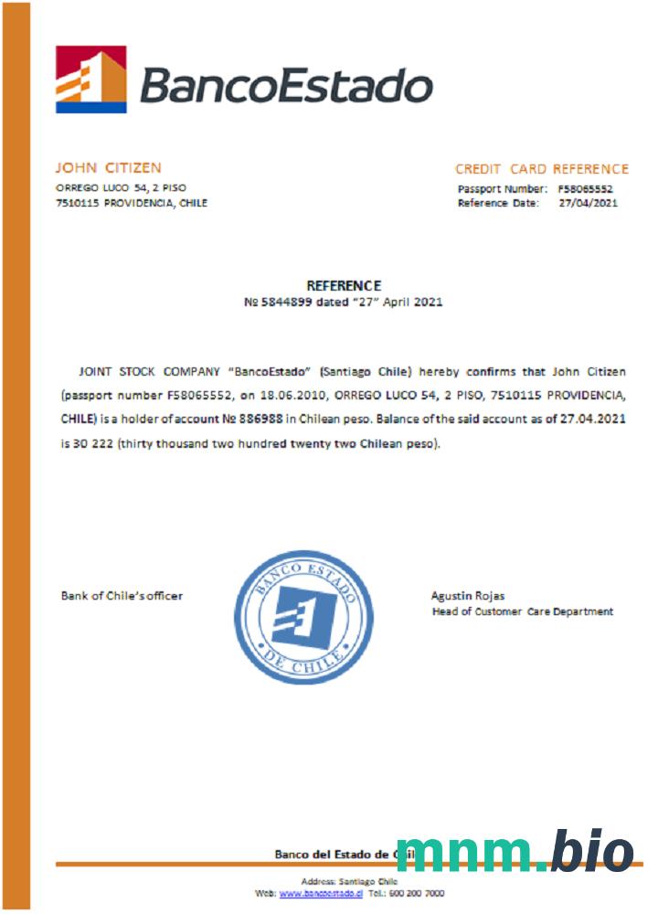 Przykład odniesienia Chile Banco del Estado w formatach Word i PDF